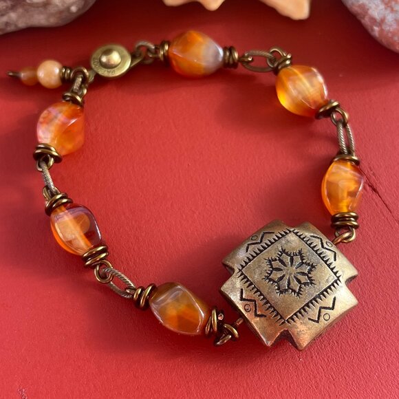 Handmade Jewelry - Carnelian Gemstone Bracelet, Brass Tribal Focal, Wire Wrapped Beaded Bracelet